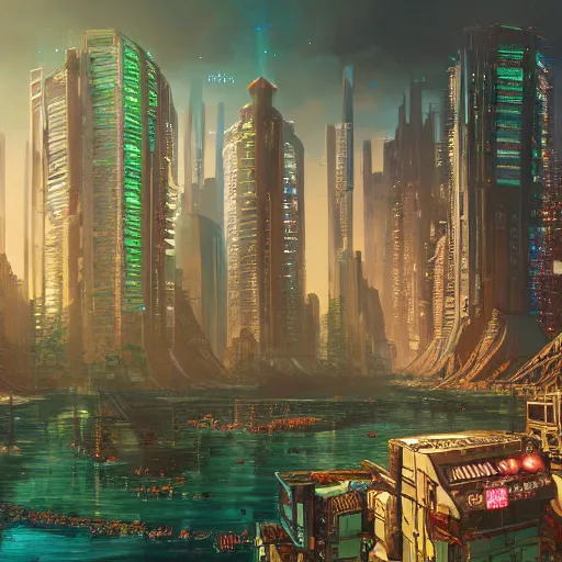 Prompt: a utopian cyberpunk city, filled with fauna, with building floating around everywhere, building cover with plant, dynamic lighting, fantasy concept art, trending on art station, stunning visuals, creative, cinematic, intricately detailed, unreal engine, 4 k