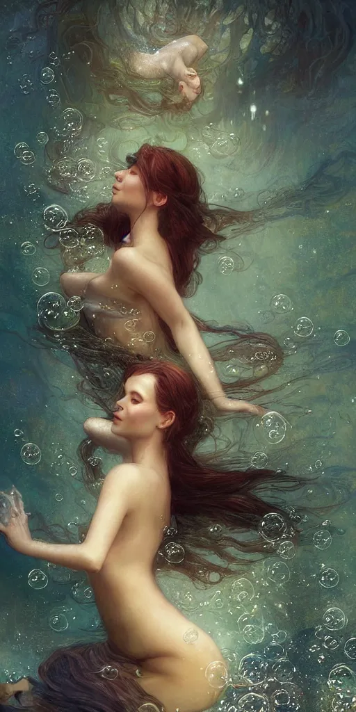 Prompt: hyper realist matte digital painting of a young beautiful woman, floating in water, bubbles rising, seaweed, fairytale, fantasy art, photo realistic, dynamic lighting, artstation, volumetric lighting, by mucha, by charlie bowater, by karol bak, by alma tadema