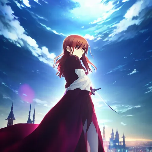 Image similar to emma watson, heavens feel movie, demon slayer, ufotable, kyoani, high quality, artstation, key visual, cinematic, city background, night time, rooftop, fate stay night, unlimited blade works, greg rutkowski, high resolution, dynamic pose, extreme close up, rin outfit, anime, high angle, high budget