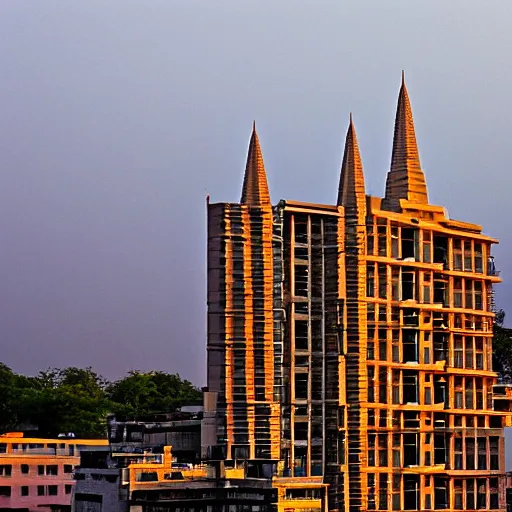 Image similar to a super high - rise hindu temple, panning shot, dusk, by corbusier