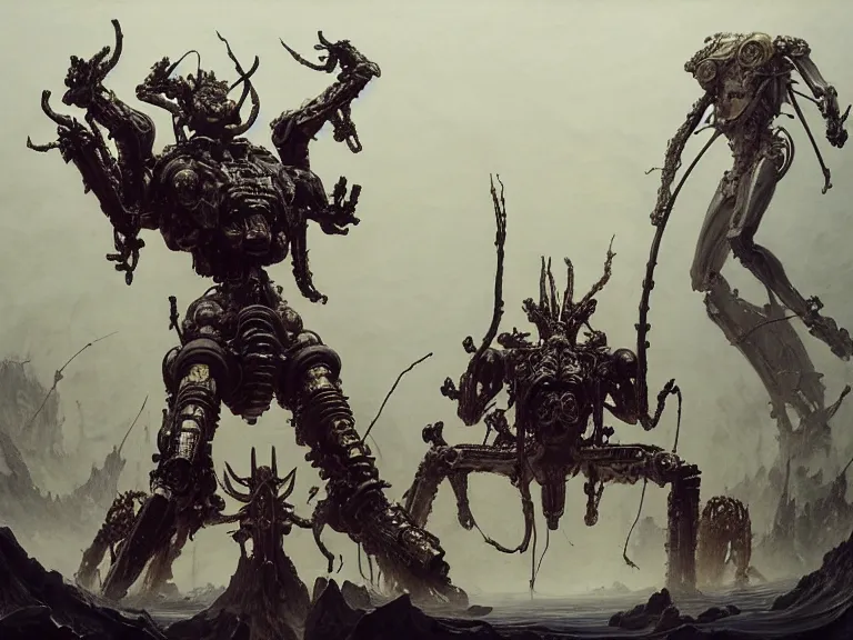 Image similar to still frame from Prometheus by Jakub Rozalski and utagawa kuniyoshi, infinite Hell Scape with gigantic mecha demon and ornate bone cyborgs by Wayne Barlowe by peter Mohrbacher by Giger, dressed by Alexander McQueen and by Neri Oxman, metal couture hate couture editorial