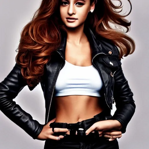 Prompt: young Ariane grande wears a leather jacket and boots, full body shot, sharp focus, photo taken by a nikon, by artgerm