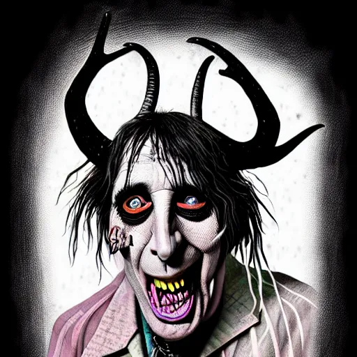 Image similar to graphic illustration, creative design, alice cooper as a goat, biopunk, francis bacon, highly detailed, hunter s thompson, concept art