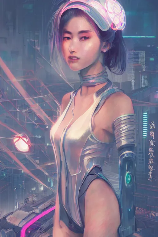 Image similar to portrait futuristic Ninja Girl, in future cyberpunk tokyo rooftop , ssci-fi, fantasy, intricate, very very beautiful, elegant, neon light, highly detailed, digital painting, artstation, concept art, smooth, sharp focus, illustration, art by WLOP and tian zi and alphonse mucha