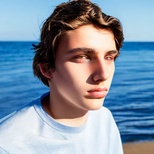 Image similar to beautiful teenage boy, around 22 yo, natural brown hair sitting on a deckchair on the beach facing the camera. Detailed face, blue sky. Award winning photograph.