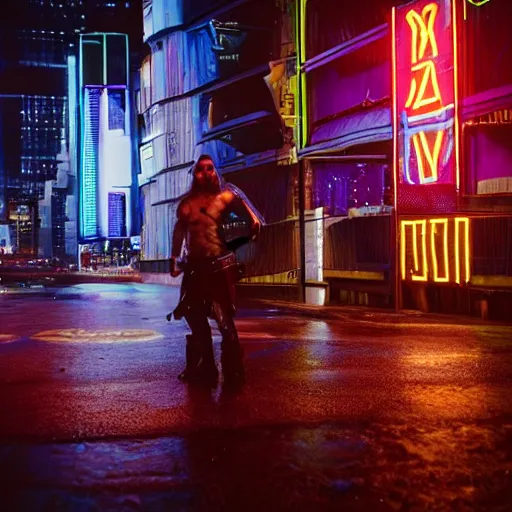 Prompt: a viking in the middle of a futuristic cyberpunk city, wet floors with neon signs, night