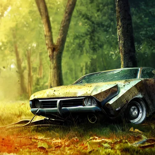 Image similar to a car destroyed by a tree, artstation, digital art, high quality, realistic