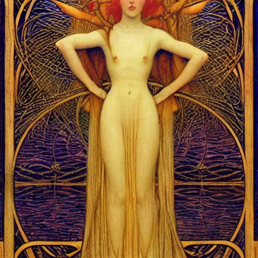 Image similar to a beautiful young medieval queen by jean delville, art nouveau, symbolist, visionary, gothic, celestial, whimsical, magical, airy