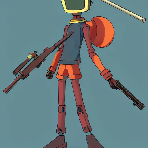 Image similar to canti from flcl anime holding a valorant style sniper rifle. character design. digital art. masterpiece.