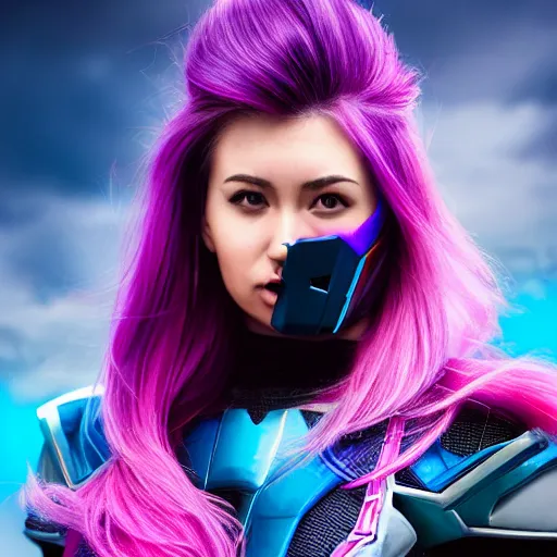 Prompt: a stunning high shutter speed action upper body portrait of a beautiful woman with a ombre purple pink hairstyle with head in motion and hair flying while wearing futuristic navy blue and teal battle bodyarmor and pauldrons by marvel comics, outrun, vaporware, action photography, highly detailed, fine detail, intricate, digital art, trending on artstation