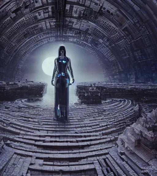 Image similar to canon photo of tarkovsky greatest scene, aura of the ancient destroyed majestic tower of babylon, a woman in futuristic cyber clothing, transparent puffer jacket, hyperealistic, blockchain, cyber world, ambient lighting, concept art, intricate, hyper detailed, smooth, dynamic volumetric lighting, ocatane, ray trace, cinematic, high quality, cgsociety