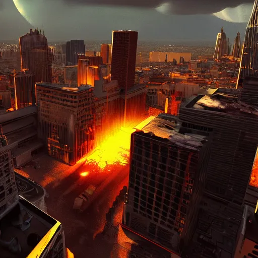 Image similar to nuclear explosion in a city, dramatic lighting, raytraced, trending on artstation