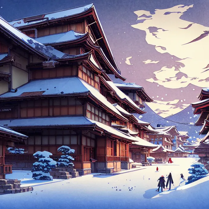 Image similar to empty japanese mountain city, winter, in the style of studio ghibli, j. c. leyendecker, greg rutkowski, artem