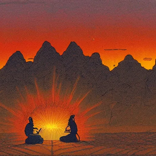 Image similar to sunset in a desert, shaman doing a ritual, energy streams, magic, drawing by moebius