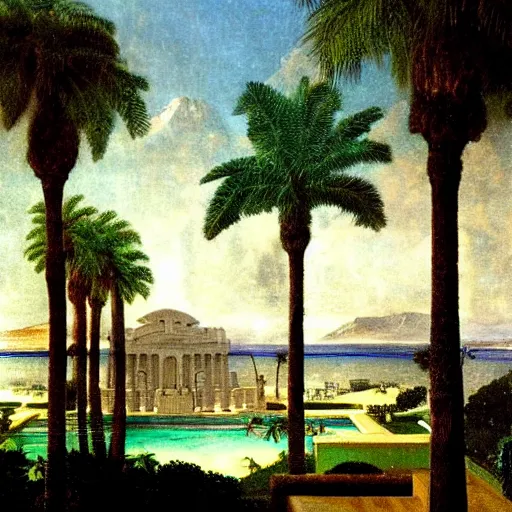 Image similar to The biggest palace ever made, thunderstorm, greek pool, beach and palm trees on the background major arcana sky, by paul delaroche, magazine photo from 2007, hyperrealistic 8k, very detailed