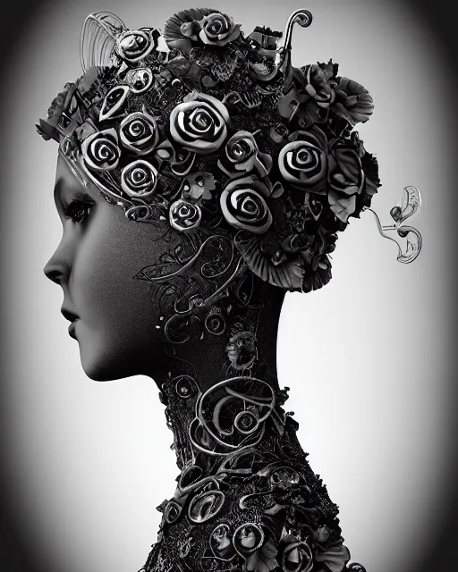 Image similar to mythical dreamy black and white organic bio-mechanical spinal ribbed profile face portrait detail of translucent steampunk beautiful female angelic-human-queen-vegetal-cyborg, highly detailed, intricate trnaslucent ivy jelly ornate, poetic, translucent roses ornate, 3D render, digital art, octane render, 8K artistic photography, photo-realistic, by Dora Maar