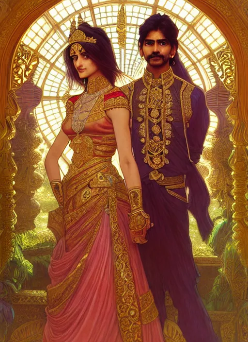 Image similar to an indian prince and princess in a palace, shiny, fantasy, intricate, elegant, hyper detailed, ultra definition, photoreal, artstation, unreal engine rendered, concept art, smooth, sharp focus, illustration, art by artgerm and greg rutkowski and alphonse mucha and garis edelweiss