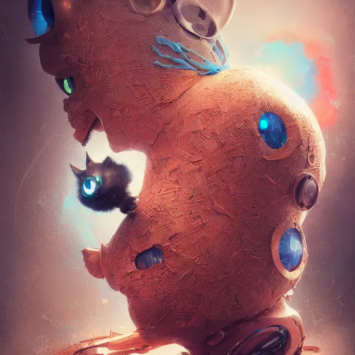 Image similar to complex 3 d render, hyper detailed, ultra sharp, robot cat in the hat, scary, neon, cinematic, steampunk, natural soft light, rim light, octane render, artstation, art by artgerm and greg rutkowski and alberto seveso, dr seuss