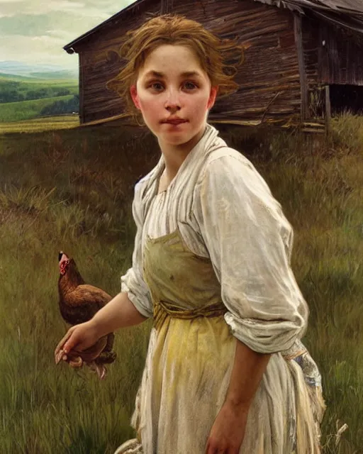 Image similar to side portrait Appalachian farm girl with detailed features, weathered barn in the backdrop, chickens on the ground, Appalachian trees, sharp focus, illustration, highly detailed, oil painting, matte, art by Greg Rutkowski and Alphonse Mucha, masterpiece