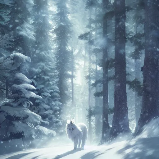 Image similar to a wholesome animation key shot of a white wolf in a snowy forest, medium shot, studio ghibli, pixar and disney animation, sharp, rendered in unreal engine 5, anime key art by greg rutkowski, bloom, dramatic lighting