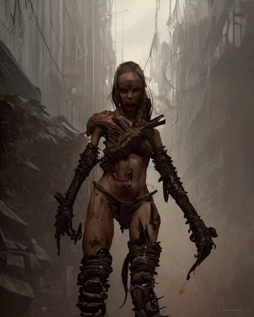 Image similar to hyper realistic photo of postapocalyptic nomad demon cyborg girl, full body, cinematic, artstation, cgsociety, greg rutkowski, james gurney, mignola, craig mullins, brom