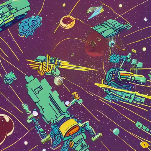 Image similar to intricate space battle in the style of mark cooper