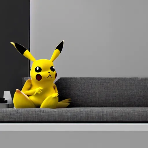 Image similar to Pikachu taking a bong rip on the couch, unreal engine 5, octane render, cgsociety, living room interior, soft lighting, ray tracing,