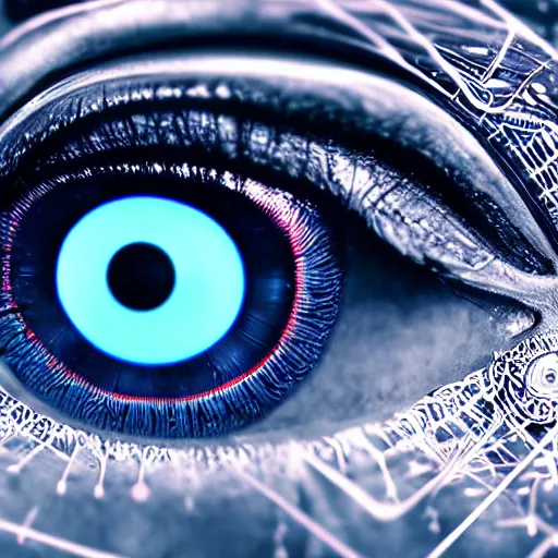 Prompt: cybernetic eye, digital illustration, photo - realistic, macro, extreme details, vivid, neon, dramatic lighting, futuristic, cyberpunk, intricate details