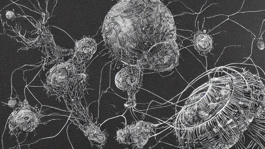 Prompt: a beautiful microscopic scientific photo of a virus and a strange life form seen through an electron microscope, dark, sinister, detailed, art by Charles D'Orbigny