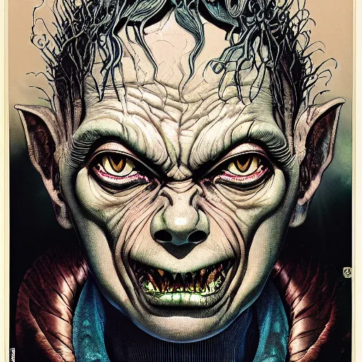 Image similar to portrait of gollum, symmetrical, by yoichi hatakenaka, masamune shirow, josan gonzales and dan mumford, ayami kojima, takato yamamoto, barclay shaw, karol bak, yukito kishiro