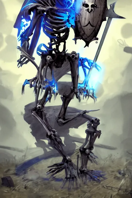 Prompt: a shambling skeleton holding a chipped sword and damaged shield with glowing blue eyes standing in a graveyard, concept art by senior character artist, featured on artstation, shock art, apocalypse art, concept art