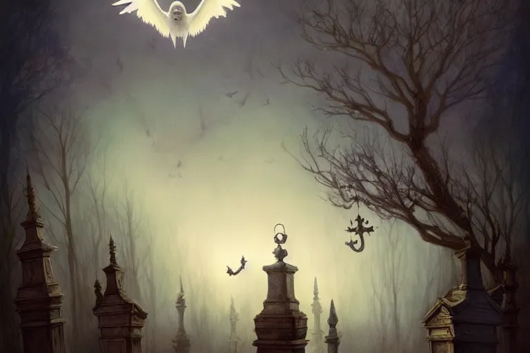 Image similar to casper the friendly ghost flying over a graveyard at midnight, cinestill, painted by james jean and gaston bussiere, very detailed and cute and cozy and transparent, backlight, fog, mist, trending on artstation, many other ghosts living in a haunted tree, haunted house in the background