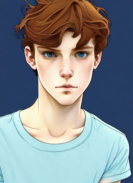 Image similar to art nouveau portrait of a teen boy with straight auburn hair, light blue eyes, pale skin, freckles, sad expression, t - shirt, modern casual clothing, natural lighting, path traced, highly detailed, high quality, cartoon, digital painting, by don bluth and ross tran and studio ghibli and alphonse mucha