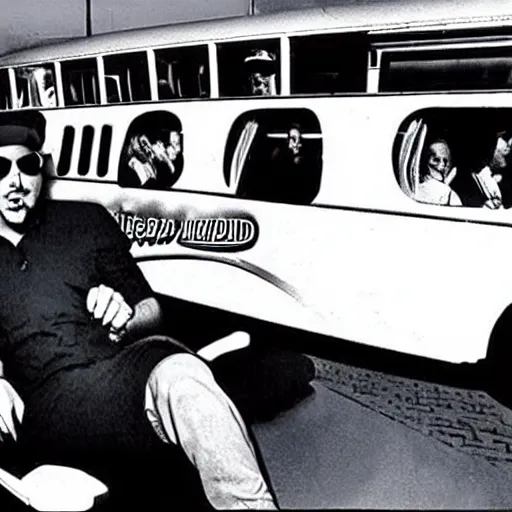 Image similar to retro photo of drunked elon musk driving bus, by hunter thompson