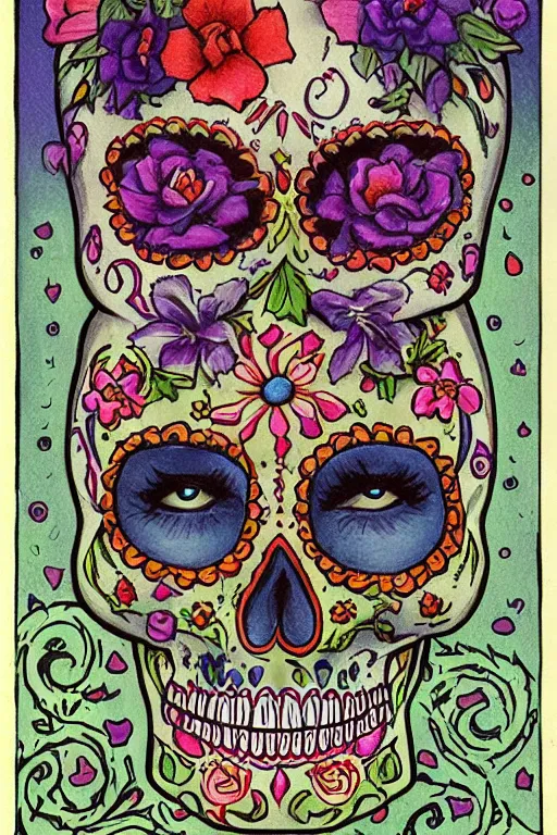 Prompt: Illustration of a sugar skull day of the dead girl, art by Kelly Freas