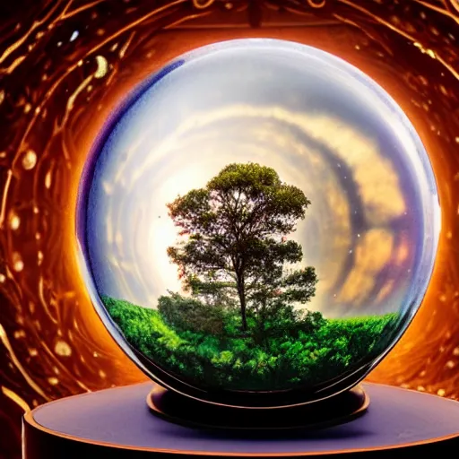 Image similar to a whole universe inside a cosmic crystal ball standing on a mahogany stand on a table in a secret magical forest. Highly detailed, cinematic quality, 8k