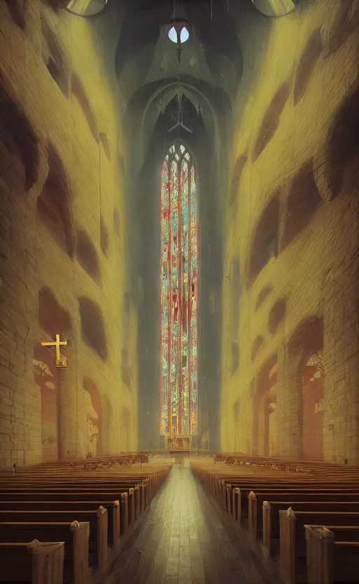 Prompt: Interior shot of a church by Petros Afshar and Beeple, James Gilleard, Mark Ryden, Wolfgang Lettl highly detailed