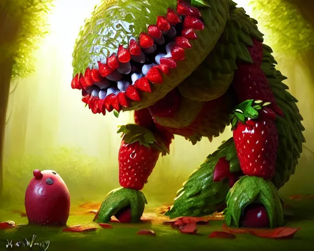 Image similar to a fruit figurine monster made of different fruit, 3 4 5 3 1, walking around in a forest, staring wide open eyes, open mouth, very detailed eyes, trees and flowers, rays of sunlight, oil painting, highly detailed, dramatic lighting, hyperrealistic, 8 k, smooth, intricate, artstation, cgsociety, by artgerm, by wlop