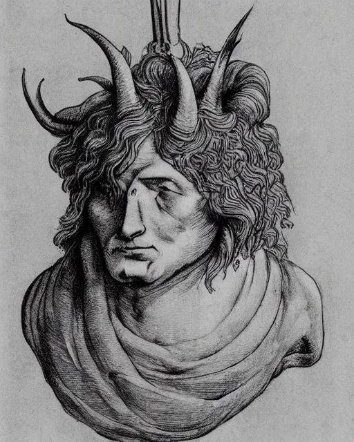 Prompt: a creature with the eyes of a man, beak of an eagle, no nose, the mane of a lion, two horns on the head. drawn by da vinci