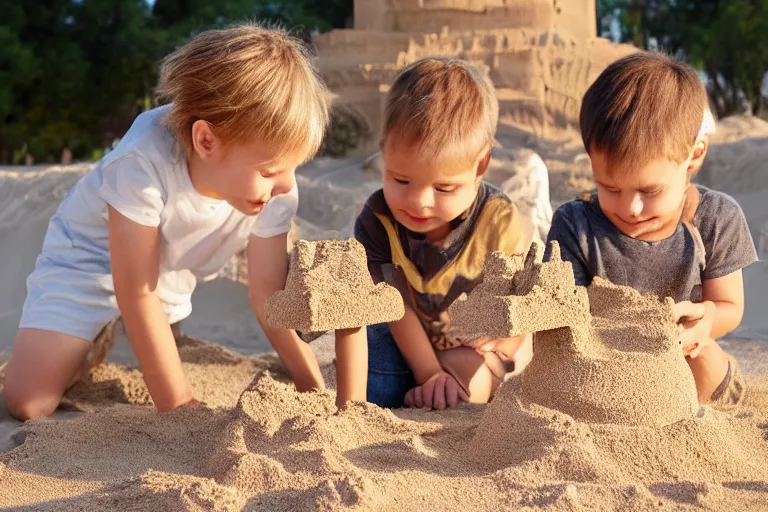 Image similar to two kittens touching a sand castle with two children