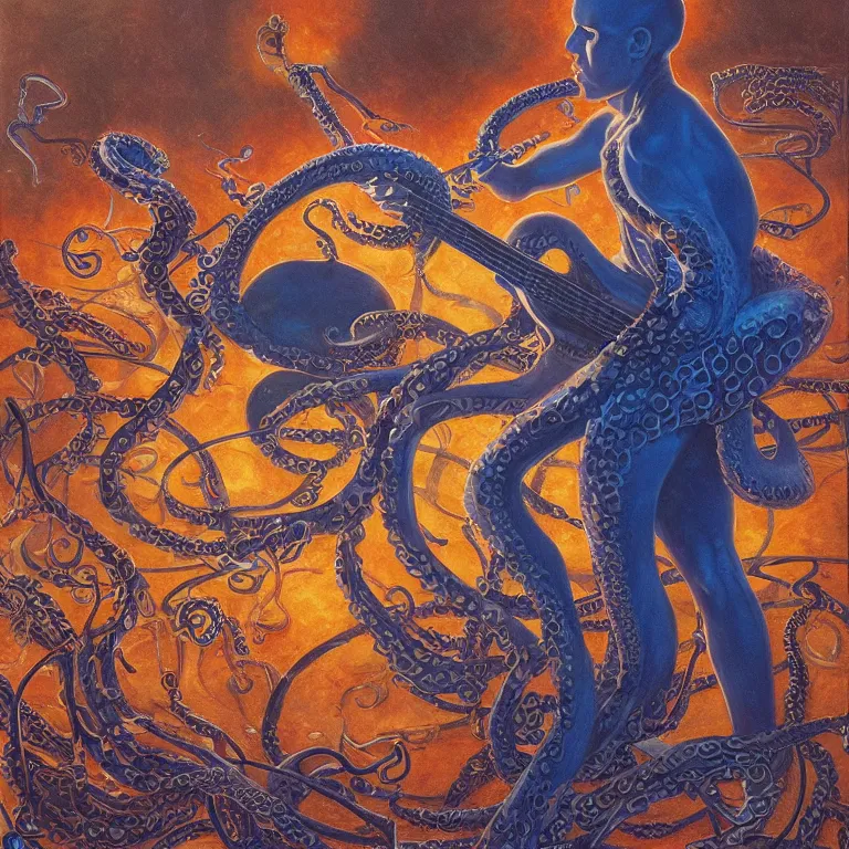 Image similar to a beautiful vinyl cover by donato giancola of an octopus playing drums and telecaster guitar in an electronic concert, dark background, concert light, dark mood, cold blue lights