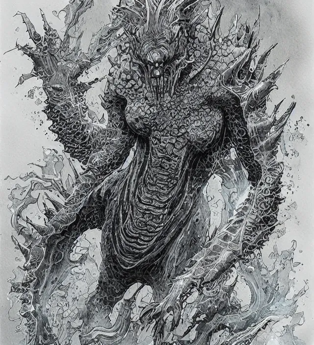 Image similar to a watercolor ink painting of a monstrous kaiju goddess in the style of jean giraud in the style of moebius trending on artstation deviantart pinterest detailed realistic hd 8 k high resolution