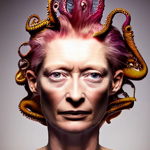 Image similar to closeup studio photograph of tilda swinton mixed with an octopus, dramatic lighting, edited in photoshop