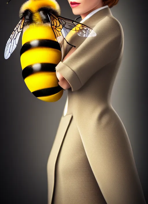 Prompt: photo portrait of Doctor Bee's from Harry Partridge, elegant pose, very detailed, highly detailed Bee themed costume, photorealism, artstation, different point of view, sharp focus, photorealistic, soft diffuse autumn lights, some sunlight ray, dark room wall, canon 5D 50 mm lens, zen natural background