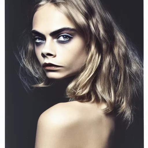 Prompt: photo of a gorgeous 20-year-old Cara Delevingne 1970s hairstyle by Mario Testino, detailed, head shot, award winning, Sony a7R -