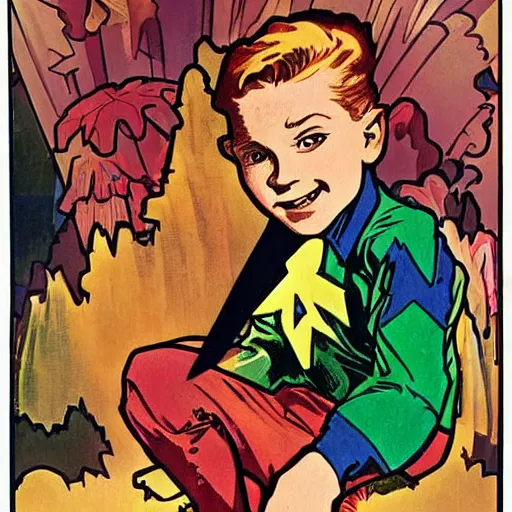 Image similar to a cute little boy with a mischievous face and ginger hair. he is dressed as a superhero. well composed, clean elegant painting, beautiful detailed face. painting by steve ditko and jack kirby and ( alphonse mucha )