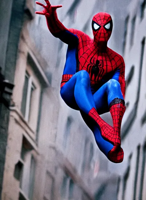 Image similar to film still of Jimmy Savile as Spiderman without mask in Spiderman, 4k