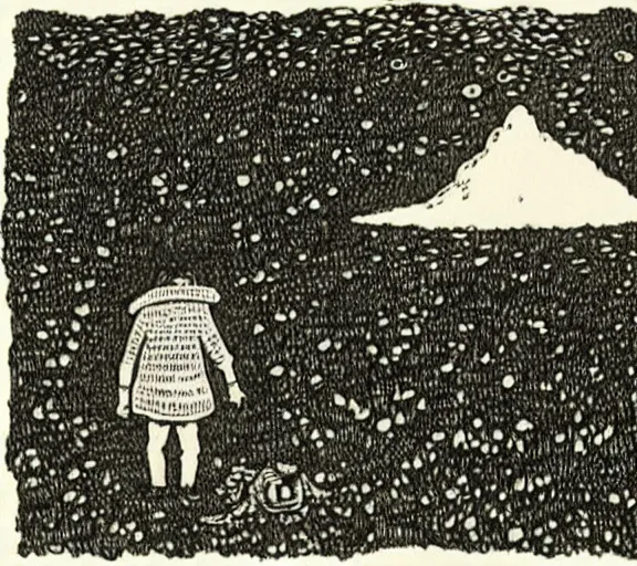 Image similar to a lost child wanders over a volcano, art by Edward Gorey,