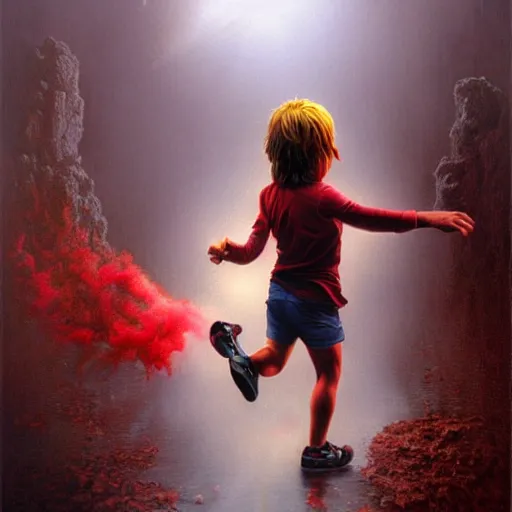 Prompt: a running child disappearing into vapor, mist, smoke, blood, scissors in hand, a detailed matte painting by Jason Edmiston