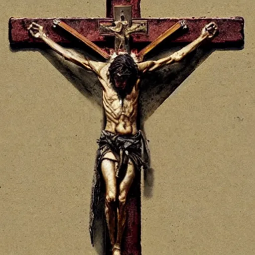 Image similar to crucifix cross made of rusty nails, art by ruan jia and wlop and greg rutkowski, masterpiece